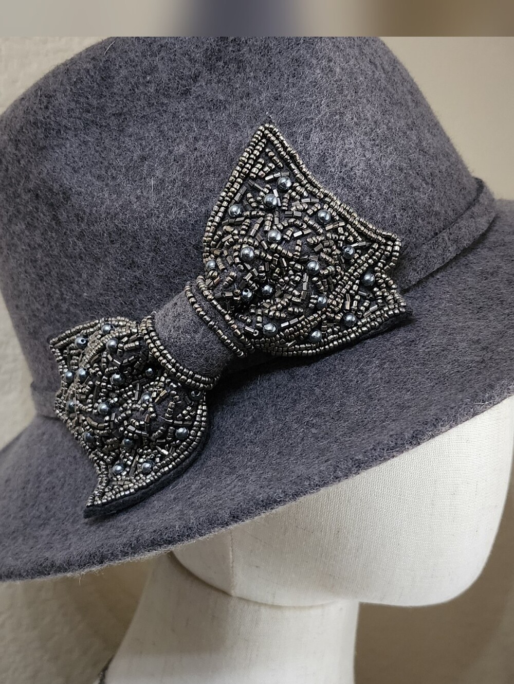 Something Special Gray Wool Fedora Dress Hat Beaded Bow Accent